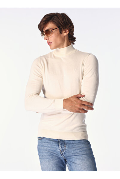 Fabrika Ekru Erkek Yarım Balıkçı Yaka Basic Kazak F4WM-KZK 2841