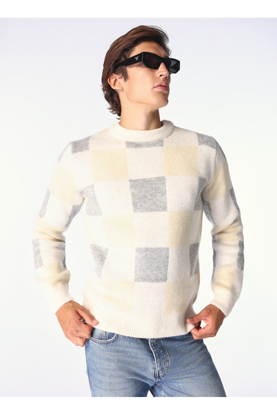 Fabrika Erkek Ekru Bisiklet Yaka Relaxed Kareli Kazak F4WM-KZK 2723