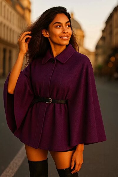 bysocafashion bysoca Kadın Mürdüm Düğmeli Gömlek Yaka Kemerli Oversize Kışlık...