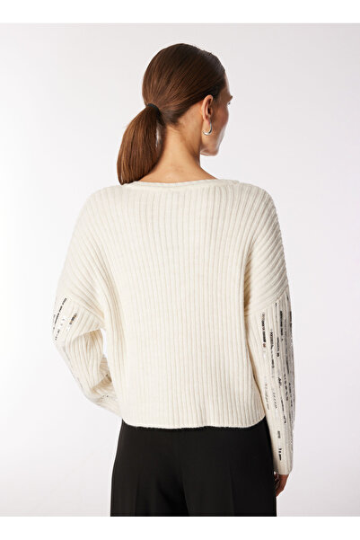 Fabrika V Yaka Rahat Payetli Ekru Kazak Kadın F4WL-KZK0609