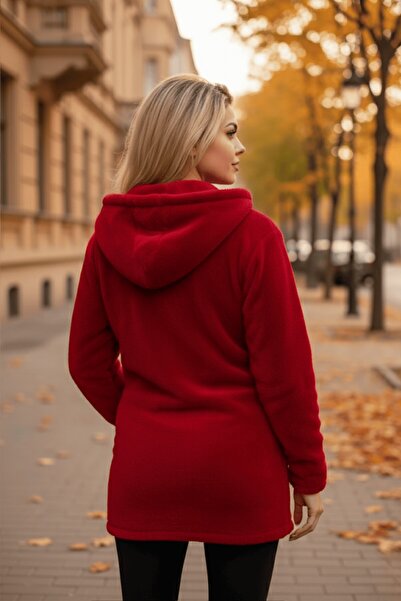 Azıcık Akıllı Női piros plüss vastag cipzáras kapucnis kabát zsebekkel 23KCKTMY50