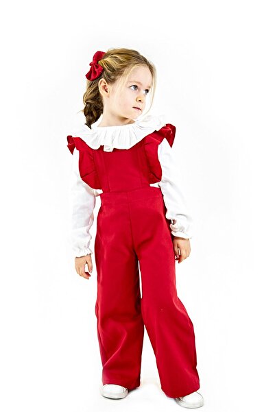 Catz Kids Red Gabardine Doa Jumpsuit + Linen Floral Collar Shirt + 2 Buckles