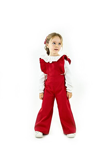 Catz Kids Red Gabardine Doa Jumpsuit + Linen Floral Collar Shirt + 2 Buckles