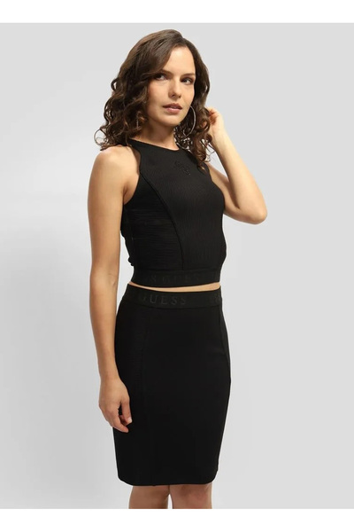 Guess Μαύρο γυναικείο μπλουζάκι με σχέδιο με λαιμόκοψη - EMI TANK LOGO, RECY POLY 3D RI