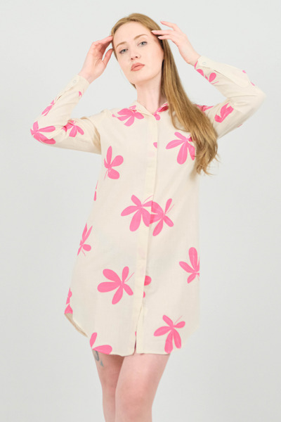 SİDE OTANTİK Pink Floral Patterned Linen High Neck Long Sleeve Mini Cream Shirt Tunic