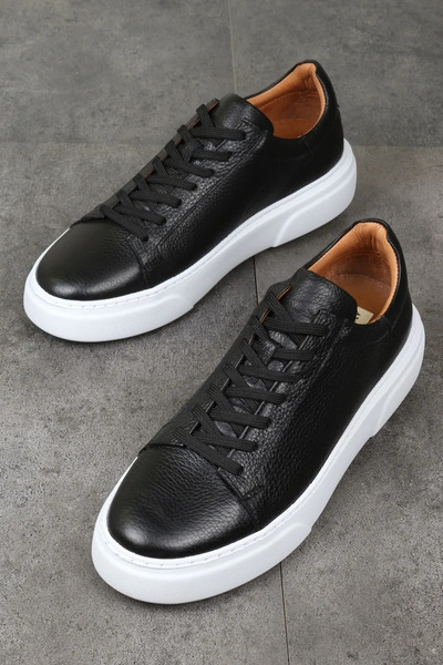 “Men's Black Genuine Leather Sneaker - Casual Sports Shoes with Thick Sole”