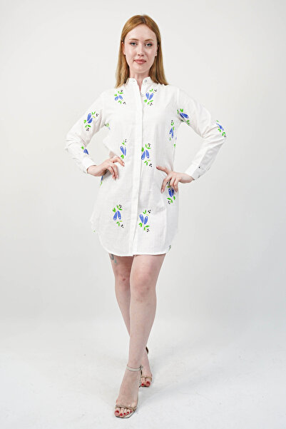 SİDE OTANTİK Patterned High Neck Long Sleeve Linen White Mini Shirt Tunic