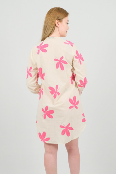 SİDE OTANTİK Pink Floral Patterned Linen High Neck Long Sleeve Mini Cream Shirt Tunic