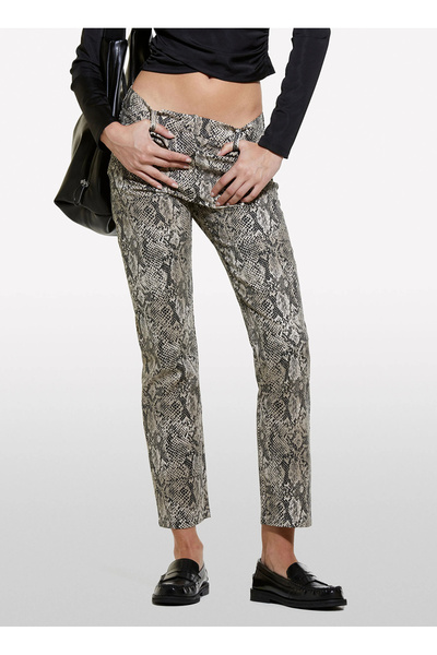 Sisley Kadın Gri Desenli Pamuk Karışımlı 5 Cepli Baskılı Slim Fit Bilek Boy Pantolon