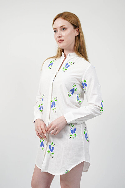 SİDE OTANTİK Patterned High Neck Long Sleeve Linen White Mini Shirt Tunic