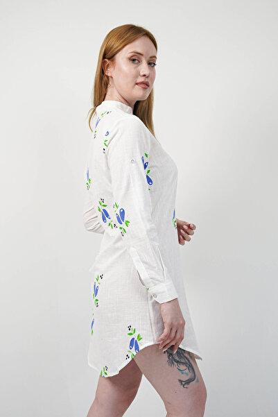 SİDE OTANTİK Patterned High Neck Long Sleeve Linen White Mini Shirt Tunic
