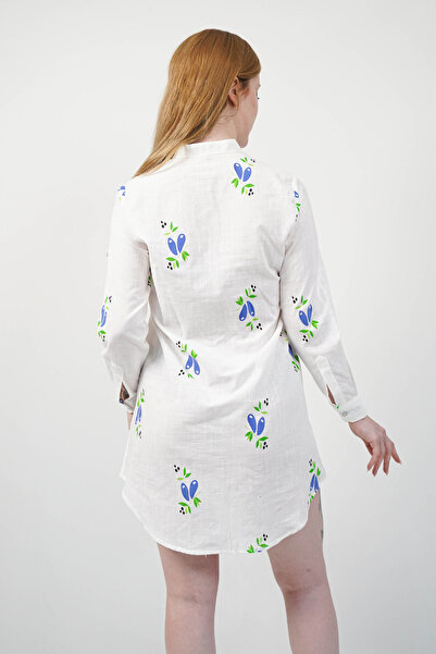 SİDE OTANTİK Patterned High Neck Long Sleeve Linen White Mini Shirt Tunic