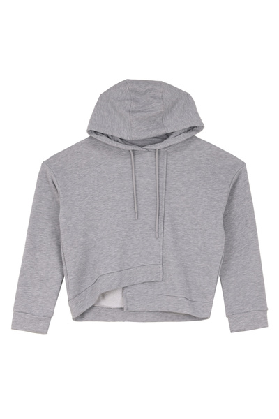 Fabrika Gri Melanj Kadın Kapüşon Yaka Rahat Asimetrik Sweatshirt F4WL-SWT0373