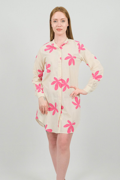 SİDE OTANTİK Pink Floral Patterned Linen High Neck Long Sleeve Mini Cream Shirt Tunic