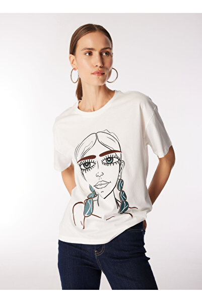 Fabrika Bisiklet Yaka Nakışlı Kırık Beyaz Kadın T-Shirt F4WL-TST0356