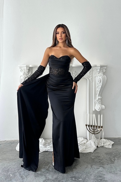 İyem Abiye Sheer and Sleeve Detail Embellished Elegant Satin Design Evening D...