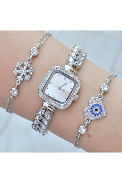 istanbul form Silver Taşlı Metal Kordon Kadın Saat Kombini 3555