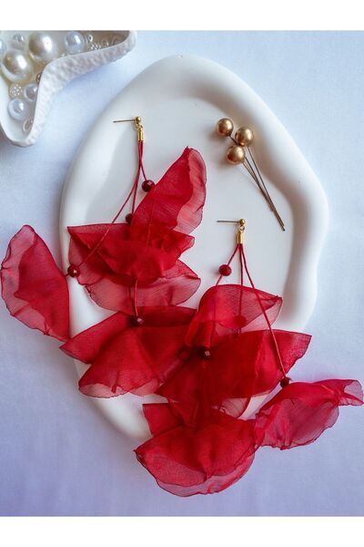 BeuBella Aksesuar Kırmızı Tül Gelincik Üzeri Çin Kristali Detaylı Uzun Küpe