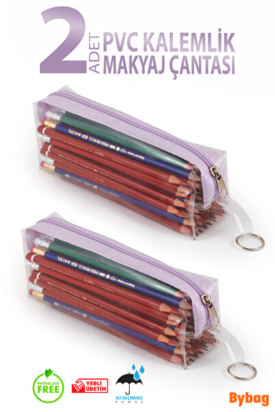 BYBAG 2 ADET PVC Kalemlik Fermuarlı Şeffaf Makyaj Çantası Kalem Kutusu Mor Lila