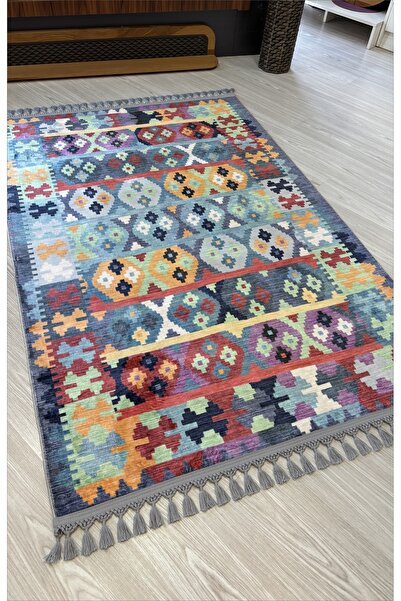 Just Arte Dekoratif Örgü Saçaklı Salon Halısı Makinada Yıkanabilir Multi Kili...