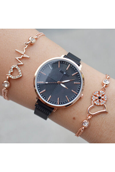 Goldpower Siyah Hasır Mıknatıslı Kordon Kadın Saat Kombini 1128