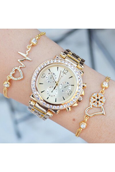 Polo Gold Renk Metal Kordonlu Taşlı Paşa Model Bileklikli Kadın Saat Kombini ...