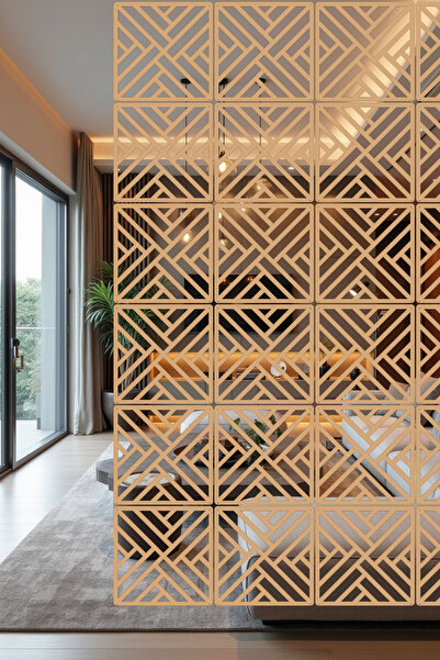 lexi Lazer Kesim Sarkıt Paravan, Ahşap Separatör, Oda Bölücü 4'lü Panel Levha Kilit Model 40 x 40 cm