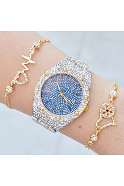 istanbul form Silver Gold Metal Kordon Taşlı Kadın Saat Kombini 2729