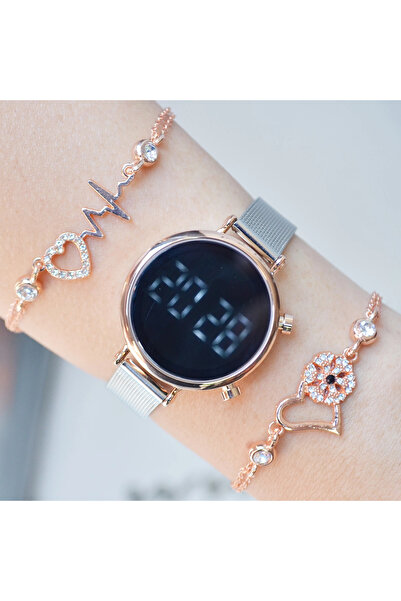 COLESİUM Silver Hasır Kordon Dijital Kadın Saat Kombini 9613