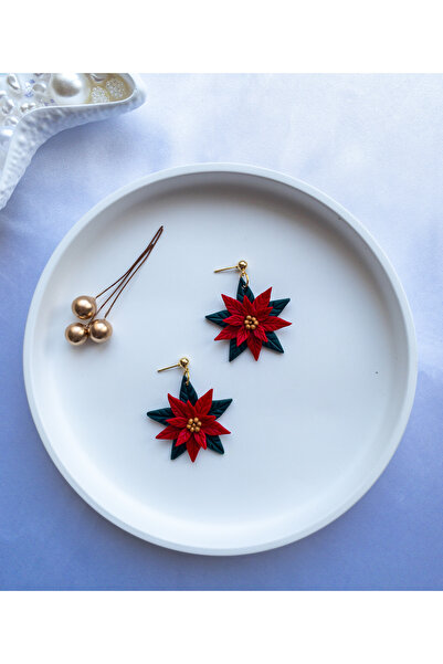 BeuBella Aksesuar Special Design Colorful Polymer Clay Red Flower Detail Earrings