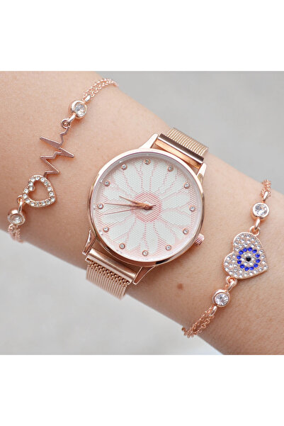 Goldpower Rosegold Hasır Mıknatıslı Kordon Kadın Saat Kombini 9744
