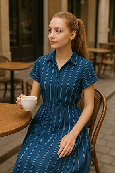 Butik Gömlek Yaka Ekru Çizgili Elbise