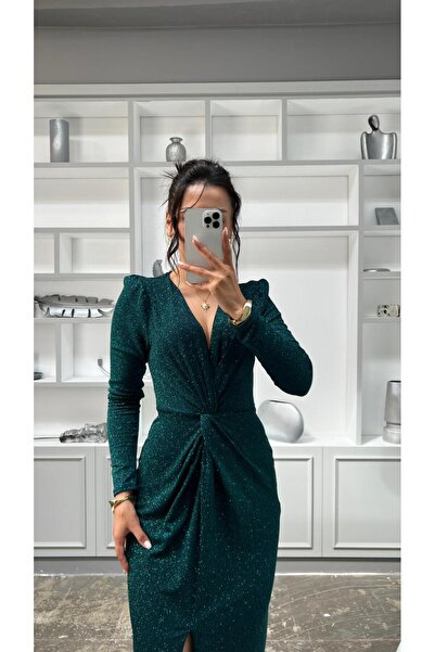 Nida Boutique Φόρεμα από ύφασμα με μακρύ μανίκι, λαιμόκοψη σε σχήμα V και λεπτομέρεια με κόμπο στο μπροστινό μέρος άνοιγμα Sim