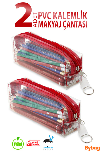 BYBAG 2Pcs Pvc Pen Holder Zippered Transparent Makeup Bag Pencil Case Red