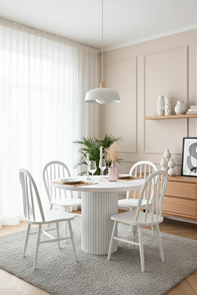 Woodenbend Valens Beyaz Ahşap Yuvarlak Masa Sandalye Takımı 110x110 – 4 Sanda...