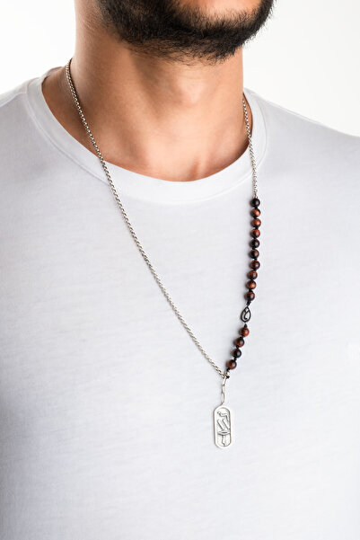 So CHIC... Ateş Elementi 68 Cm Gümüş Kaplan Gözü Taşlı Erkek Kolye