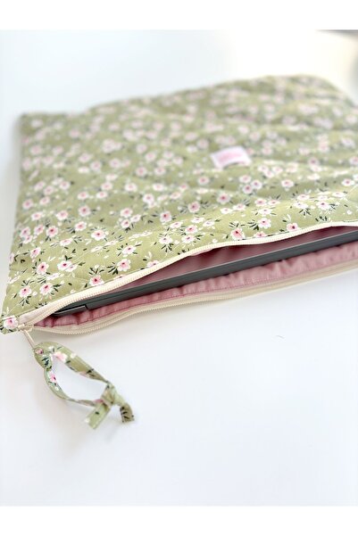 girlsybags Καπιτονέ θήκη υπολογιστή με πράσινο λουλούδι με χοντρό ύφασμα - Laptop, Macbook, Tablet, iPad Stylish