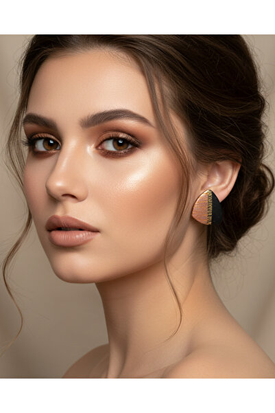 BeuBella Aksesuar Special Design Black Polymer Clay Gold and Bronze Leaf Detail Earrings