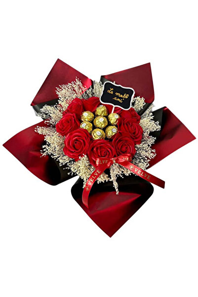 velve Buchet cadou Delice "La Multi Ani!", 7 praline Ferrero, 9 trandafiri de sapun , rosu si negru
