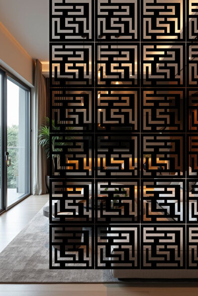 lexi Lazer Kesim Sarkıt Paravan, Ahşap Separatör, Oda Bölücü 4'lü Panel Levha Labirent Model 40 x 40 cm