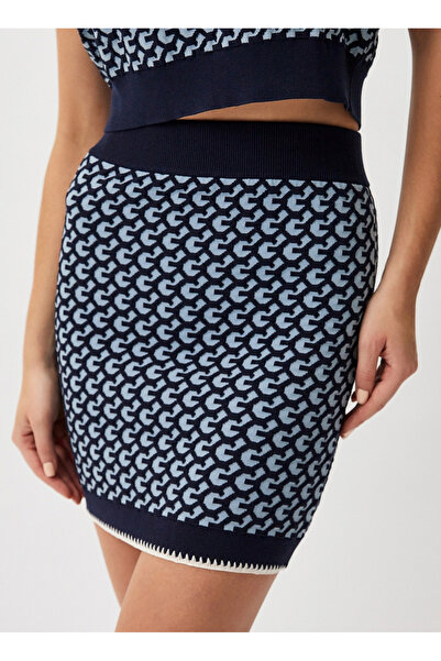 Guess Normal Bel Mavi Kadın Desenli Kısa Etek ASHLEY MONOGRAM SKIR - COTTON NYLON