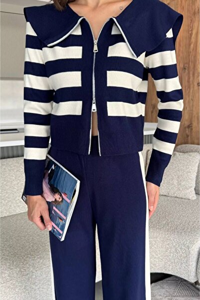 JESTLOVES Women's Navy Blue Stripe Pattern Knitwear Cardigan Trousers Two-Piece Set Standard Soft Flexible Fits S-M-L