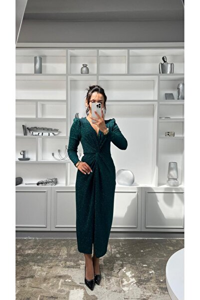 Nida Boutique Φόρεμα από ύφασμα με μακρύ μανίκι, λαιμόκοψη σε σχήμα V και λεπτομέρεια με κόμπο στο μπροστινό μέρος άνοιγμα Sim