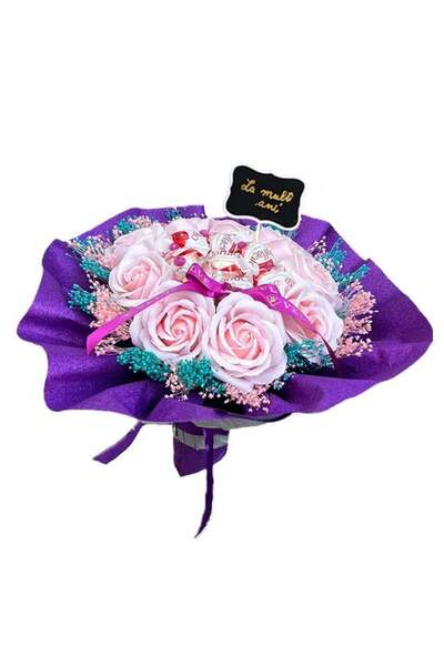 velve Buchet cadou Delice "La multi ani!",9 trandafiri de sapun, broom crioge...