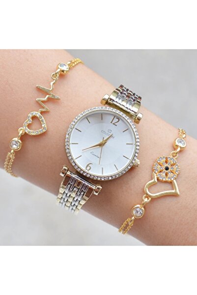 Polo Silver Gold Metal Kordon Kadın Saat Kombini 1308