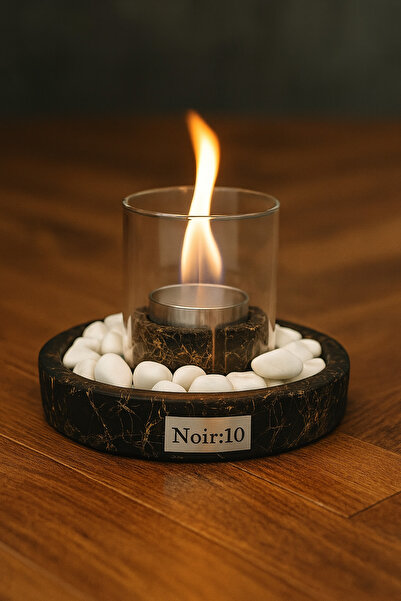 NOİR:10 Mermer Desenli Camlı Masa Üstü Şömine – Beyaz Taşlı & Biyoetanol Yakıtlı