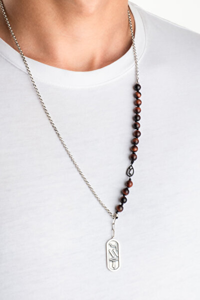 So CHIC... Ateş Elementi 68 Cm Gümüş Kaplan Gözü Taşlı Erkek Kolye