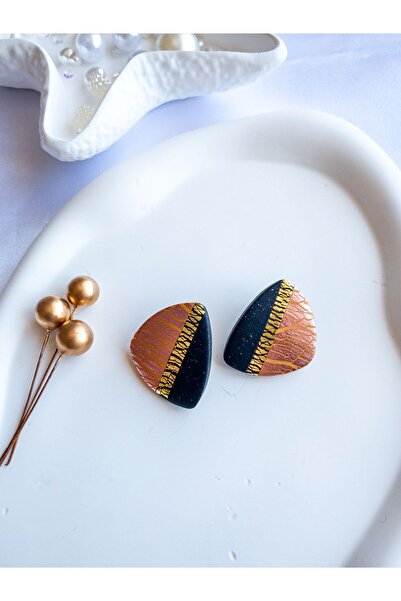 BeuBella Aksesuar Special Design Black Polymer Clay Gold and Bronze Leaf Detail Earrings