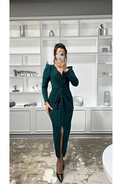 Nida Boutique Φόρεμα από ύφασμα με μακρύ μανίκι, λαιμόκοψη σε σχήμα V και λεπτομέρεια με κόμπο στο μπροστινό μέρος άνοιγμα Sim