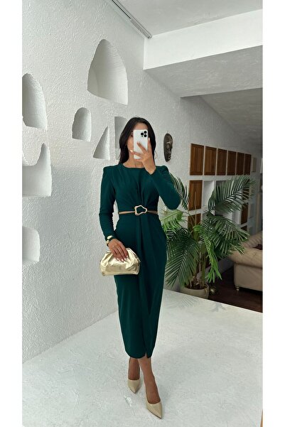 Nida Boutique Φόρεμα από πλέγμα κρεπ με μακρύ μανίκι άνοιγμα μπροστά και χαμηλή μέση